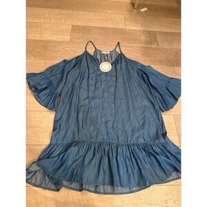Umgee Blue Tencel Cold Shoulder Ruffle Hem Tunic Top Small new